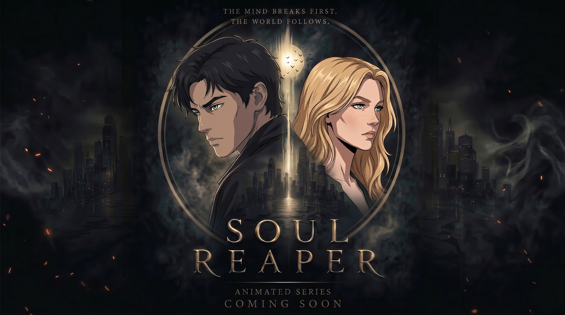Soul Reaper — two central characters framed in a gold oval against a burning cityscape